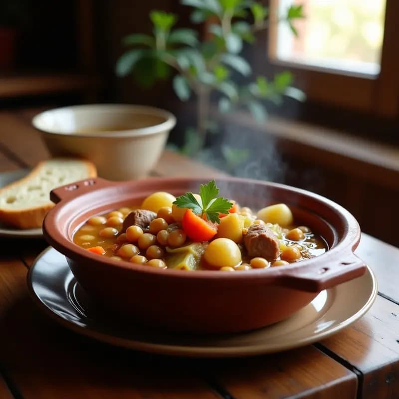 Plato hondo de barro con berza extremeña humeante: garbanzos dorados, trozos de oreja de cerdo gelatinosa, repollo tierno, patatas y zanahorias, bañados en un caldo espeso. Acompañado de pan tostado y un hilo de aceite de oliva virgen extra.