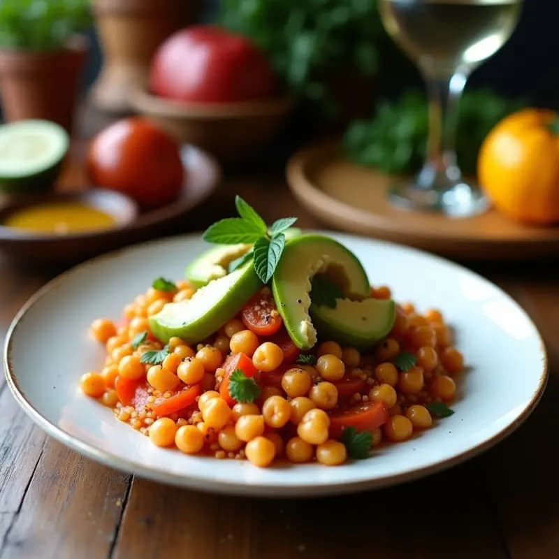 Olla de barro humeante con Berza Extremeña con Garbanzos y Verduras, potaje invernal nutritivo, rodeada de trozos de pan rústico y verduras frescas sobre una mesa de madera.