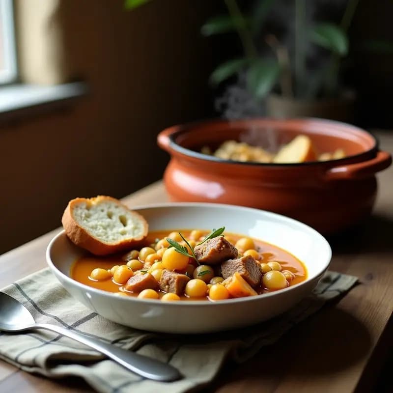 Olla de barro humeante con Berza Extremeña con oreja y rabo de cerdo, garbanzos, patatas y repollo en un caldo espeso y dorado, servida en un plato hondo de cerámica blanca con pan rústico al lado.
