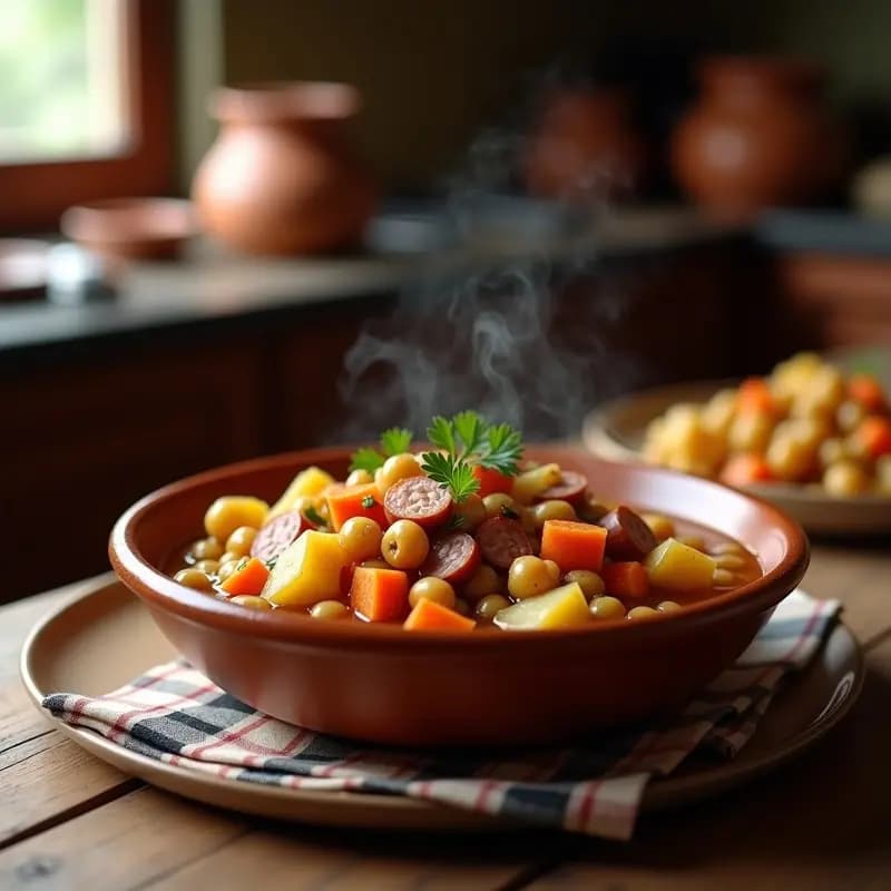 Plato hondo de barro con berza extremeña con pringá, garbanzos, patatas, zanahorias y trozos de embutidos, servido con caldo espeso y humeante.