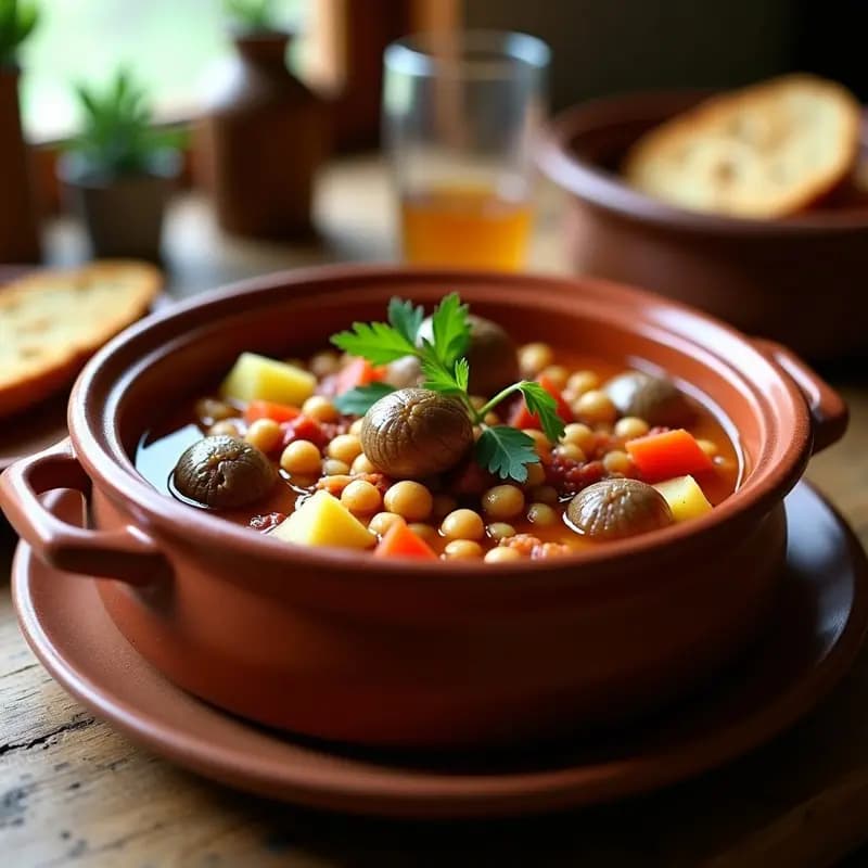 Olla de barro humeante con berza gitana sevillana: caracoles, garbanzos, patatas, zanahorias y trozos de jamón serrano en un caldo espeso y aromático, decorado con perejil fresco.
