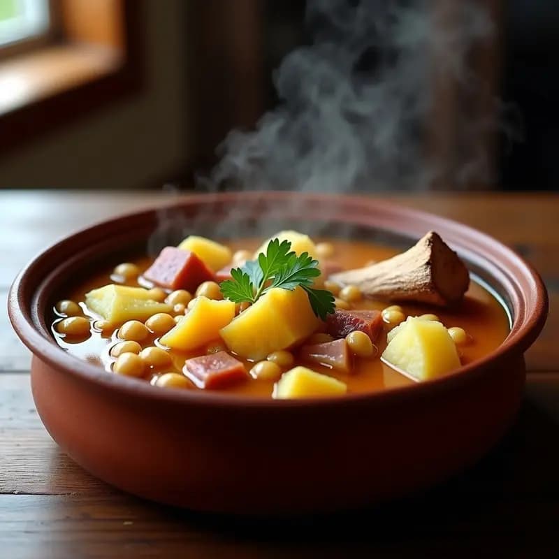Olla de barro humeante con berza madrileña: trozos de repollo, garbanzos, patatas, zanahorias, chorizo y morcilla en un caldo dorado y espeso. Plato tradicional español de cuchara, servido en cuenco de cerámica rústica con fondo de madera.