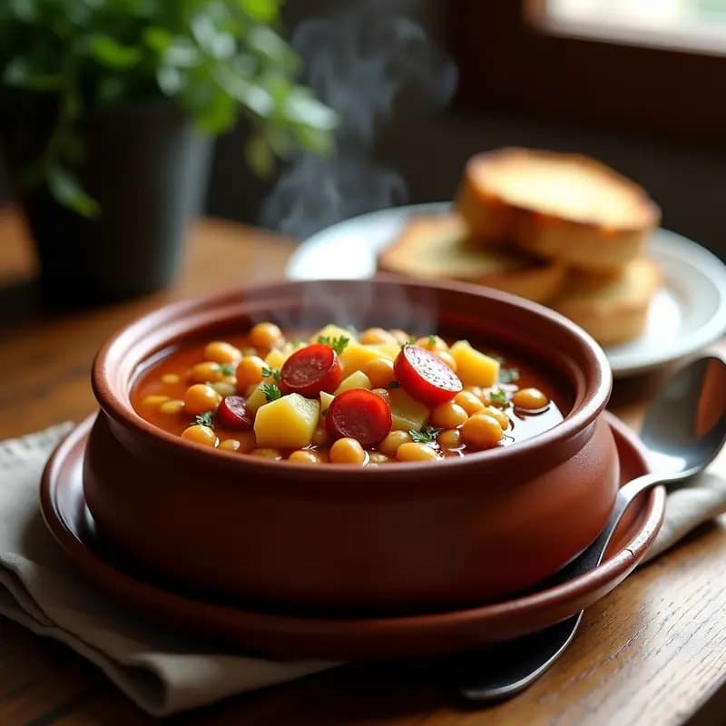 Olla de barro humeante con berza madrileña espesa, garbanzos tiernos, trozos de chorizo, patatas y repollo, servida en plato hondo rústico sobre mesa de madera con pan tostado al lado.