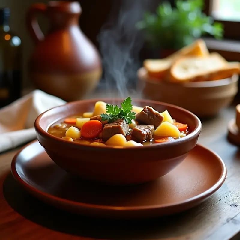 Plato hondo de barro repleto de berza murciana con carne y verduras en olla lenta, mostrando trozos de costilla, morcillo, garbanzos, col, patatas y zanahorias bañados en un caldo espeso y dorado. Acompañado de pan rústico para mojar.