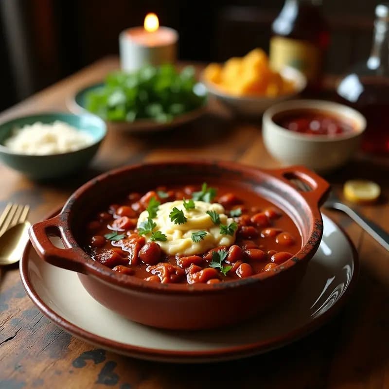 Cazuela de barro humeante con berza murciana, costilla de cerdo, morcilla de cebolla, garbanzos y verduras en un caldo espeso, servida en una mesa rústica de madera con pan al lado.