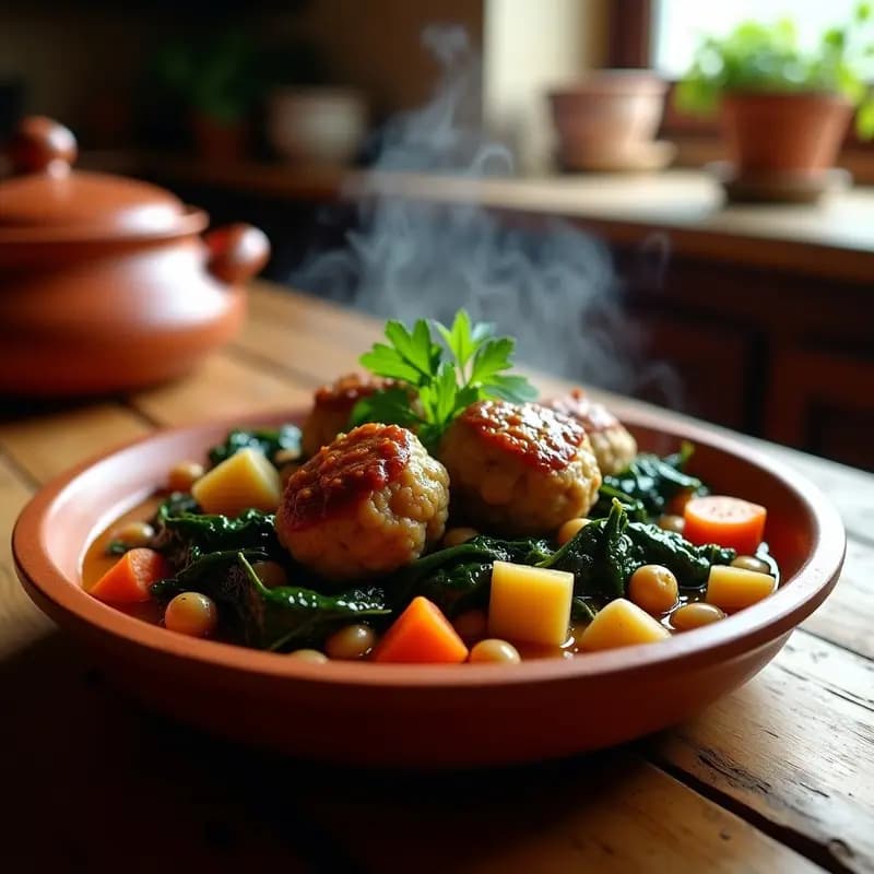 Olla de barro humeante con berza murciana y pelotas de carne, guiso de invierno tradicional con garbanzos, patatas y col rizada en caldo espeso.