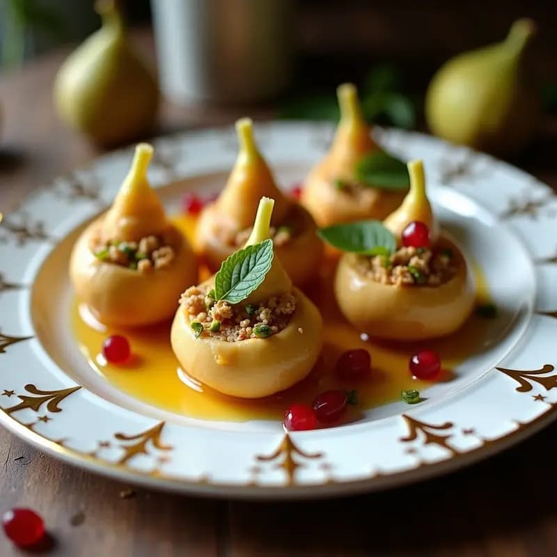 Fuente blanca con Besa de Higos y Queso de Oveja, higos frescos rellenos de crema de queso de oveja y yogur, decorados con almendras fileteadas, pistachos picados y hojas de menta, postre armenio tradicional sin horno.