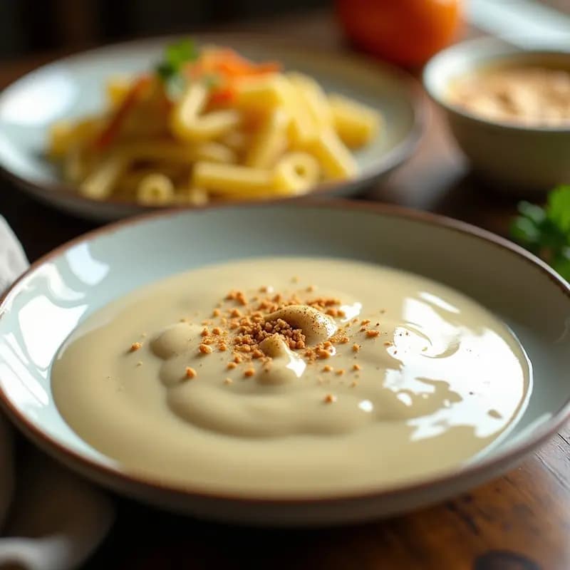 Cazuela de cerámica blanca con bechamel vegana de anacardos, cremosa y brillante, espolvoreada con nuez moscada. Fondos de pasta al dente y un gratinado dorado al horno con esta salsa francesa sin lácteos.