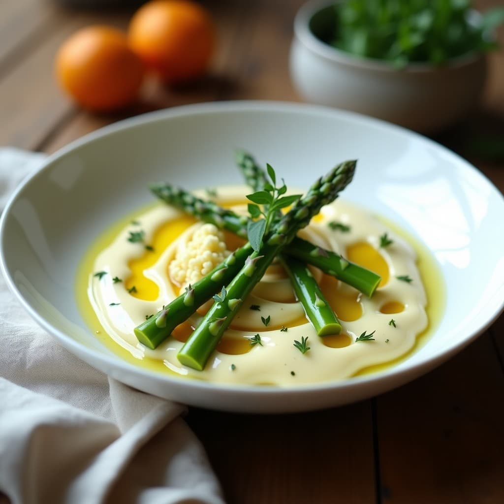 Cuenco de porcelana blanca con beurre blanc vegana de coliflor y espárragos trigueros, textura cremosa y brillante, decorado con hebras de cebolla morada y un hilo de aceite de oliva. Plato de fondo con pan tostado y espárragos al vapor. Receta francesa sin lactosa en Thermomix.