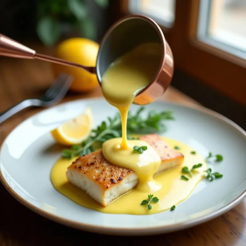 Salsa beurre blanc de limón y mantequilla clarificada servida en un cuenco blanco pequeño, con textura sedosa y color crema dorado, acompañada de una ramita de estragón fresco y rodajas de limón al lado. Plato de pescado al horno en segundo plano.