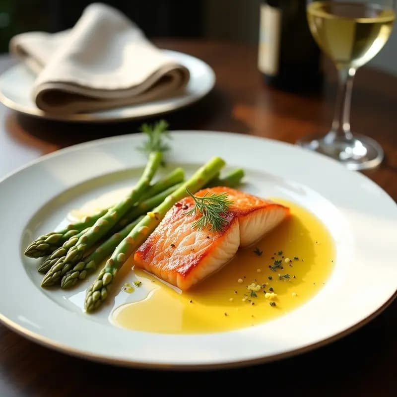 Plato blanco elegante con filete de salmón dorado sobre espárragos blancos tiernos, bañado en salsa beurre blanc cremosa y brillante, decorado con eneldo fresco. Copas de vino Chardonnay al fondo, ambiente sofisticado y luz natural.