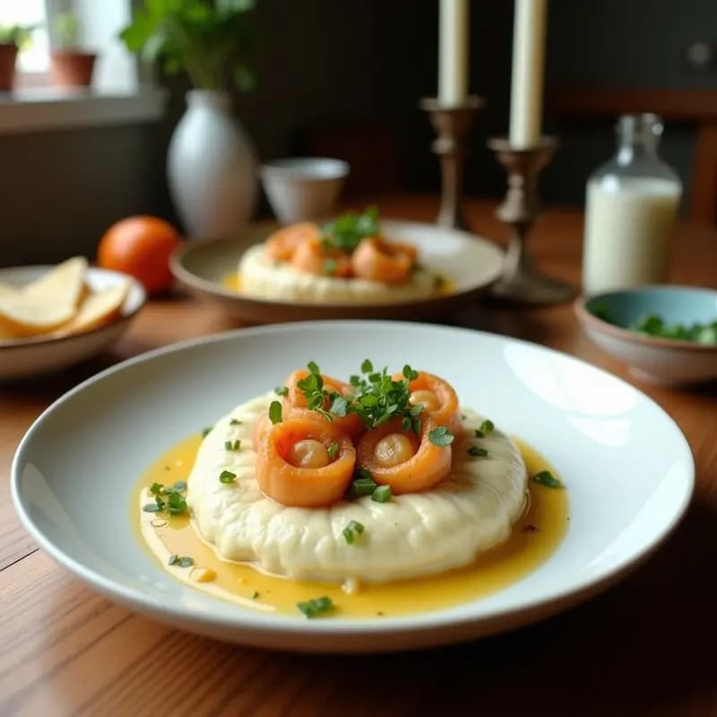 Plato elegante con espárragos blancos bañados en una salsa beurre blanc vegana de color crema, con toques de perejil fresco y ralladura de limón sobre fondo oscuro.