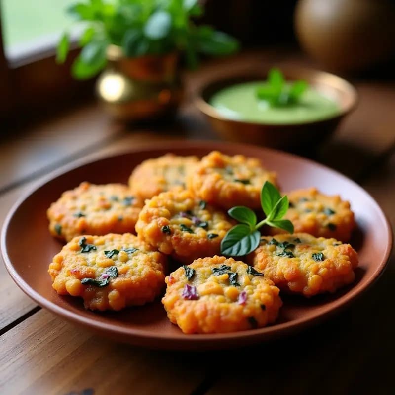 Bhaji de cebolla y espinacas pakistano servido en plato de barro, dorado y crujiente, con trozos de cebolla morada y espinacas visibles, acompañado de chutney de menta verde en un cuenco pequeño.