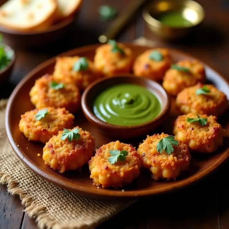 Bhaji de Cebolla Pakistana crujiente con garbanzos y especias, servido en plato de cerámica blanca con chutney verde al lado. Textura dorada y esponjosa con semillas de sésamo visibles.
