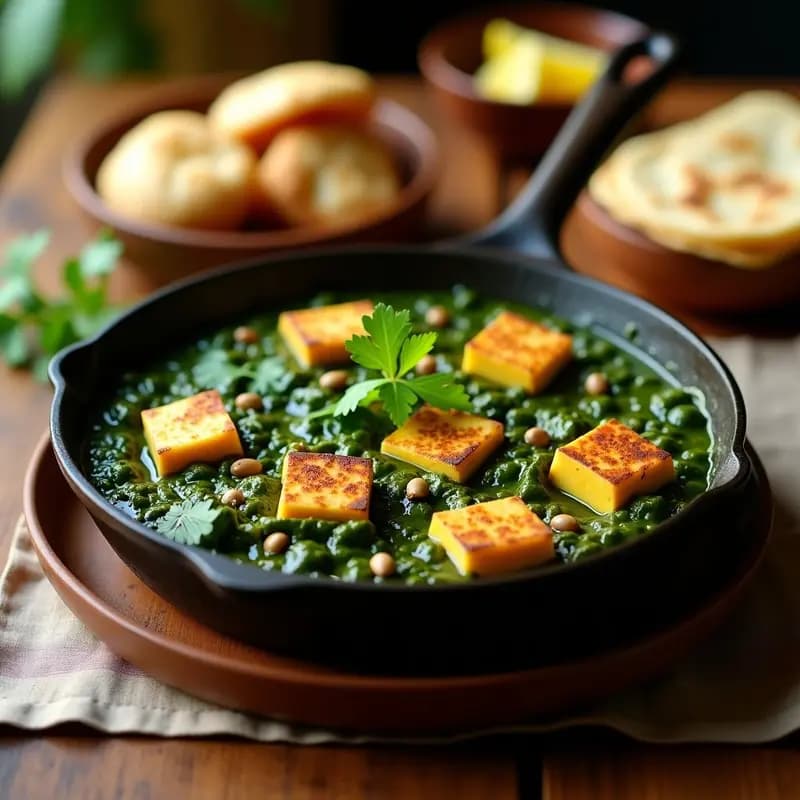 Bhaji de espinacas y queso paneer en sartén de hierro, con cubos dorados de paneer, espinacas verdes vibrantes y especias visibles, servido en plato de barro con cilantro fresco espolvoreado.