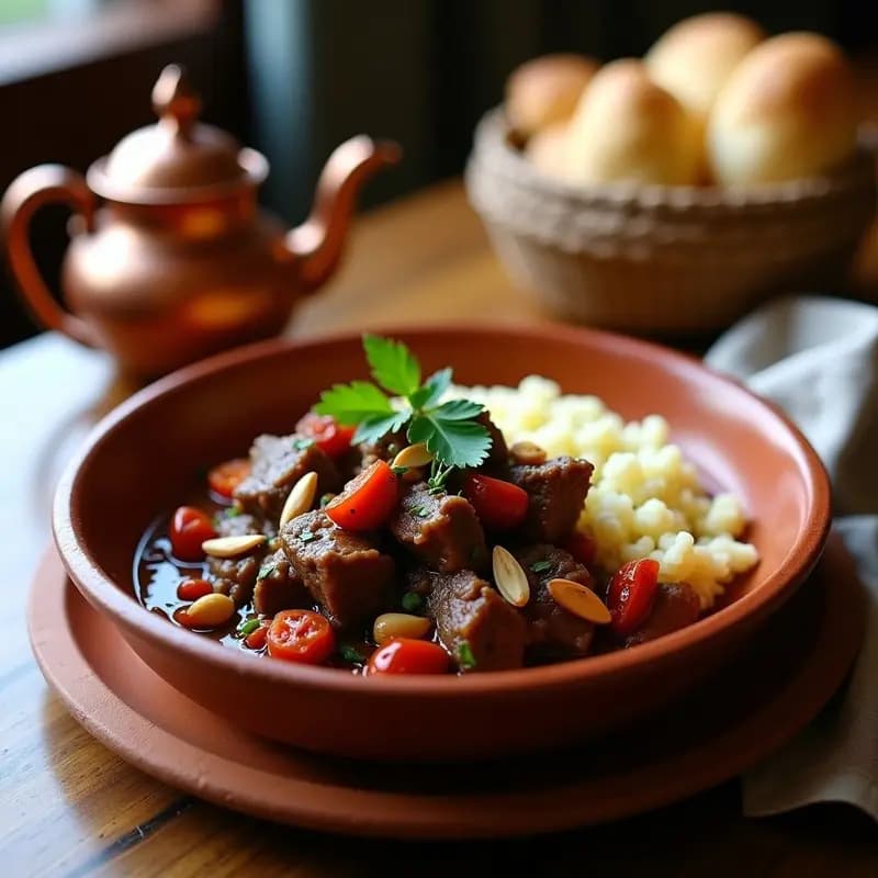 Plato hondo de barro con bharat de cordero argelino: trozos tiernos de cordero estofado en salsa oscura y especiada, con ciruelas pasas doradas, almendras tostadas y tomates secos. Acompañado de cuscús y decorado con hojas de perejil fresco.