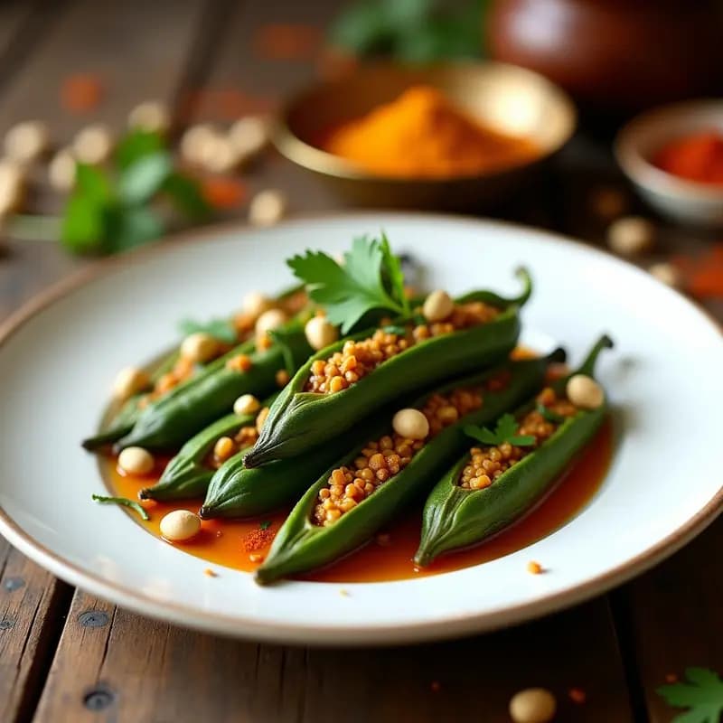 Plato de cerámica blanca con Bharva Bhindi: okras rellenas de especias indias y cacahuete, doradas y decoradas con cilantro fresco y cacahuetes enteros, sobre fondo rústico con toques de especias.
