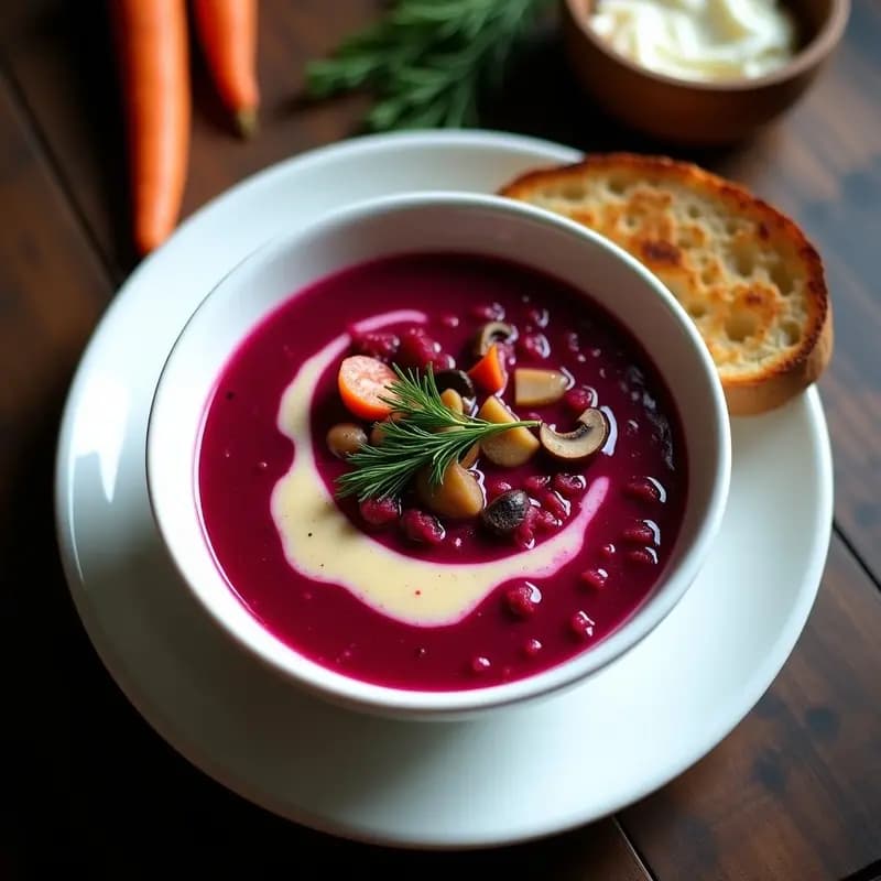 Bowl hondo de cerámica blanca con bhorsht vegano de remolacha y champiñones, crema de anacardos espiralada en el centro y eneldo fresco. Fondo rústico de madera con pan de centeno tostado.