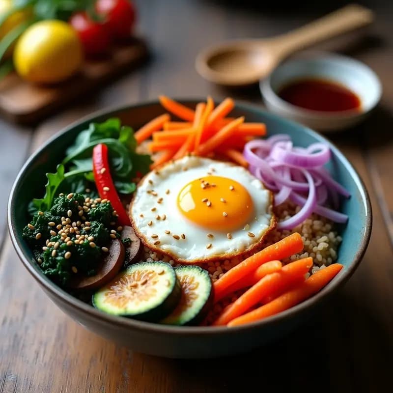 Bowl colorido de Bibe Bop Coreano con arroz integral, vegetales asados (zanahoria, calabacín, champiñones y cebolla morada), espinacas salteadas, huevo frito sunny side up, semillas de sésamo y salsa umami. Plato saludable, sin gluten y alto en fibra.