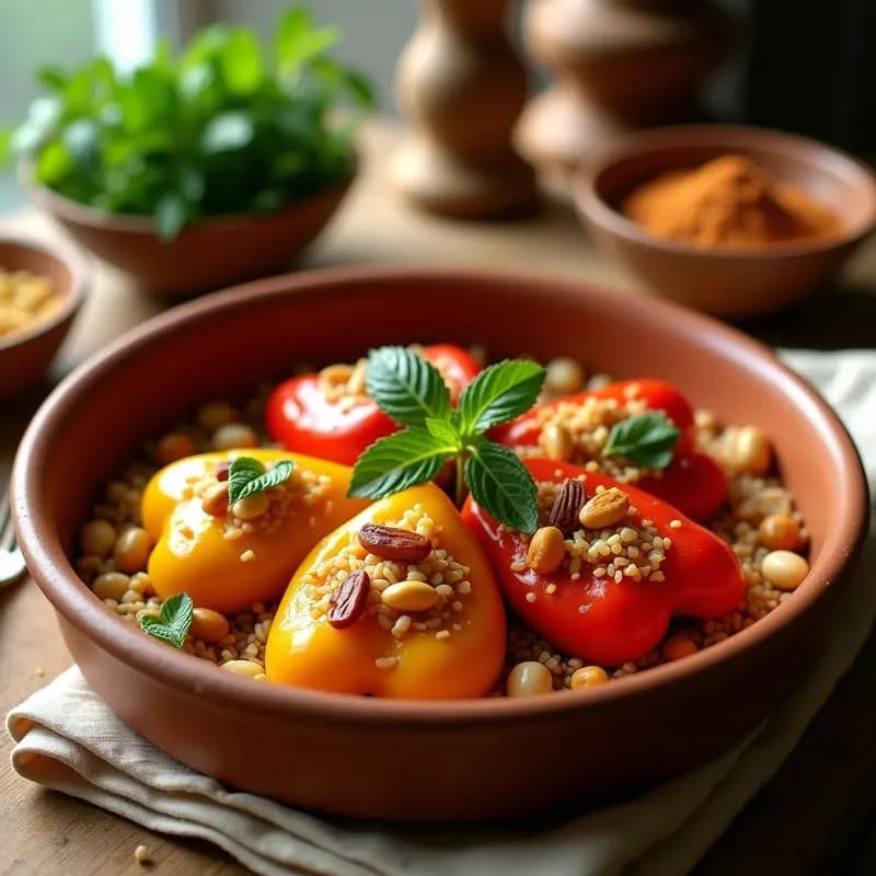 Plato de cerámica blanca con seis Biber Dolması (pimientos rojos rellenos de arroz y pasas) decorados con menta fresca y piñones tostados, servidos sobre un mantel de lino beige con un fondo de especias turcas.