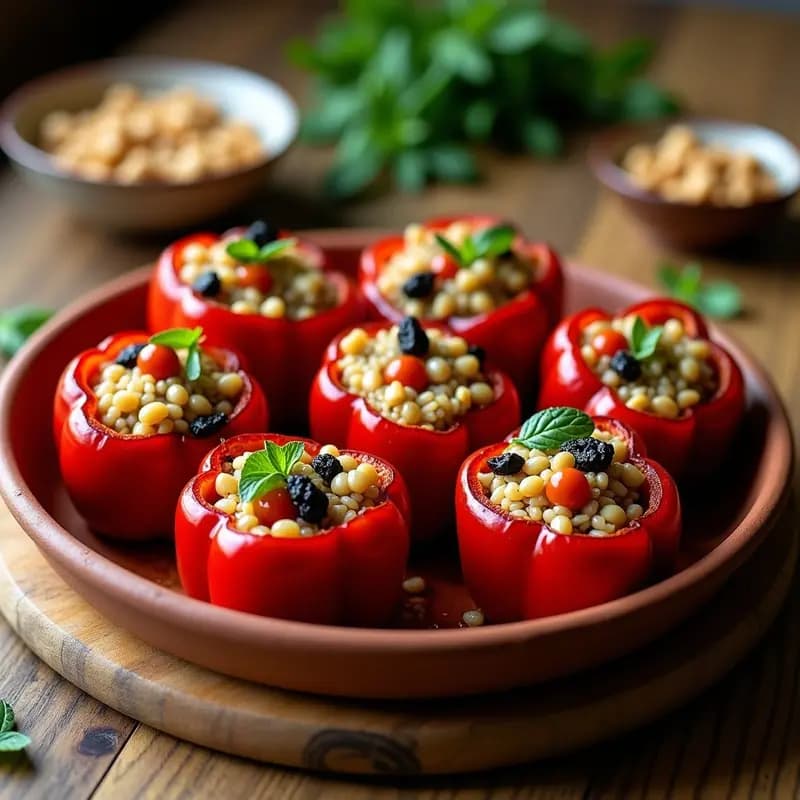 Biber dolması turco vegano y sin gluten: pimientos rojos asados rellenos de arroz salvaje, piñones tostados y pasas, decorados con menta fresca en una bandeja de barro rústica.