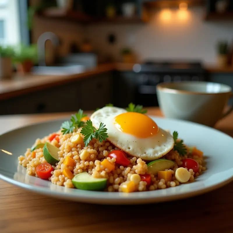Bol hondo de cerámica negra con bibiimbap de quinoa y vegetales coloridos (calabacín, zanahoria, espinacas y shiitake), coronado con un huevo frito y salsa gochujang. Semillas de sésamo espolvoreadas y fondo de cocina coreana.