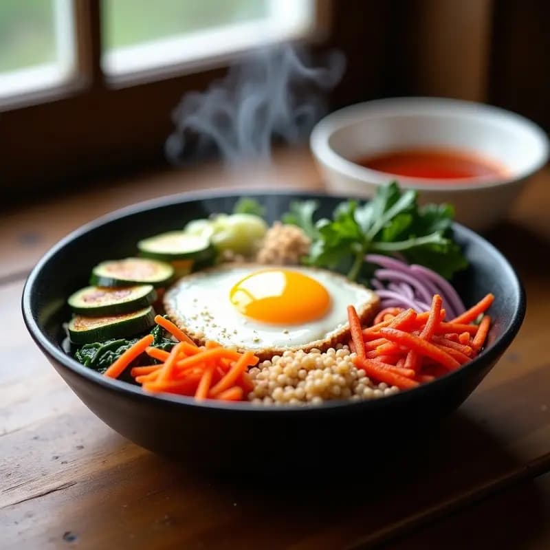 Bowl hondo de cerámica negra con Bibiimbap Coreano de Quinoa y Verduras con Gochujang: quinoa blanca como base, tofu dorado en cubos, zanahoria naranja, espinacas verdes, champiñones shiitake, kimchi rojo, brotes de soja y semillas de sésamo espolvoreadas. Salsa gochujang en un pequeño bol aparte, con algas nori en tiras como decoración.
