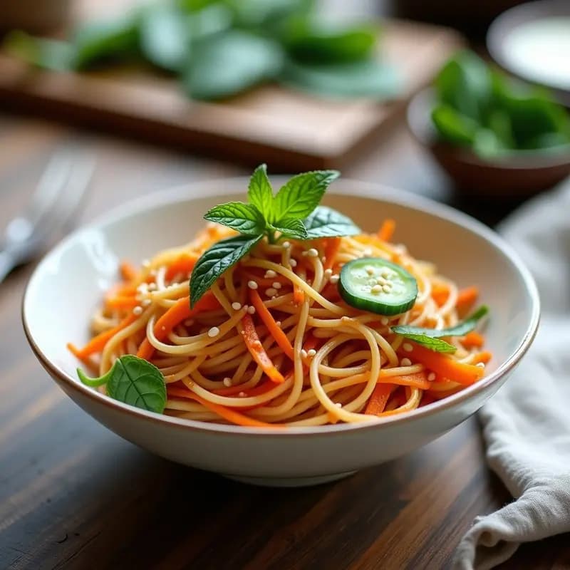 Bibim Guksu coreano vegano en cuenco blanco con fideos de arroz fríos, vegetales frescos en juliana, semillas de sésamo tostadas y hojas de menta, bañados en salsa roja de gochujang.