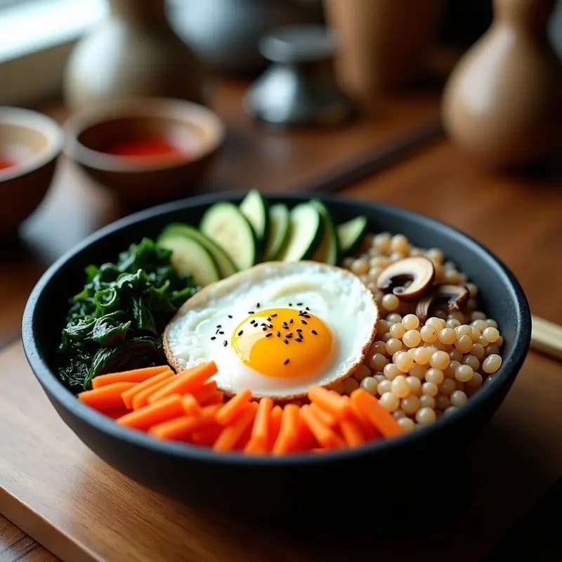 Bol coreano negro con bibimbap de arroz integral, vegetales coloridos salteados (zanahoria, calabacín, espinacas, champiñones), huevo escalfado en el centro y semillas de sésamo. Plato vibrante y equilibrado de receta coreana saludable.