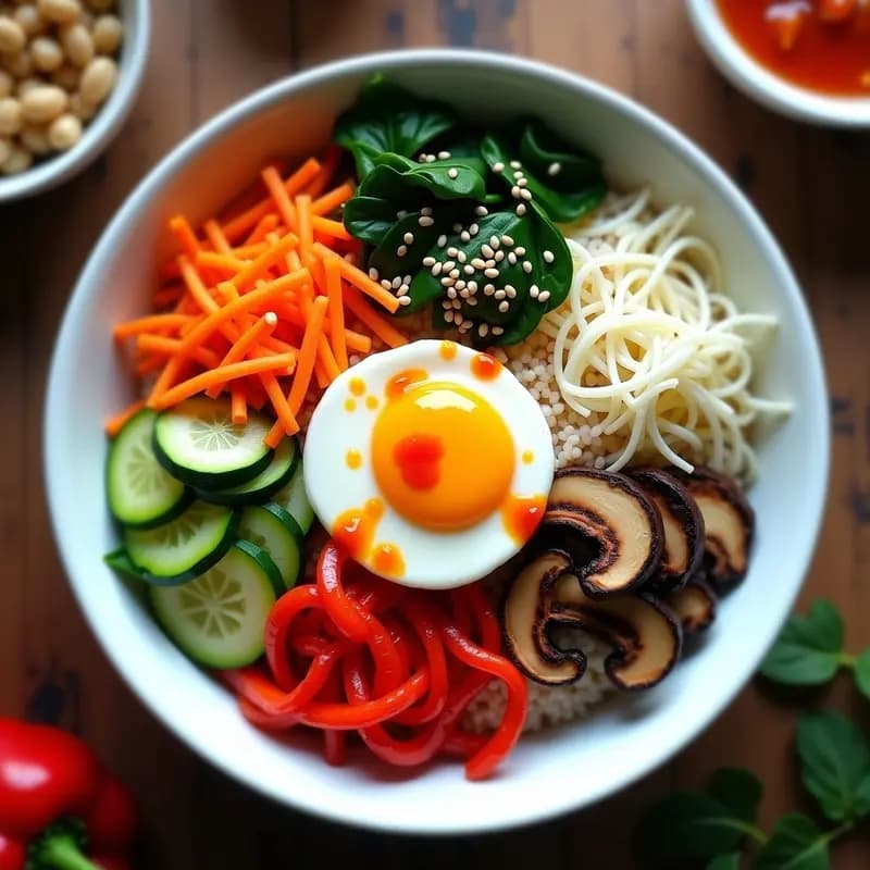 Bowl de cerámica blanca con bibimbap coreano de arroz integral, verduras al vapor coloridas (zanahoria, calabacín, pimiento rojo, espinacas), huevo campero cortado por la mitad, salsa gochujang roja y semillas de ajonjolí tostado. Plato saludable sin aceite, preparado en Thermomix.