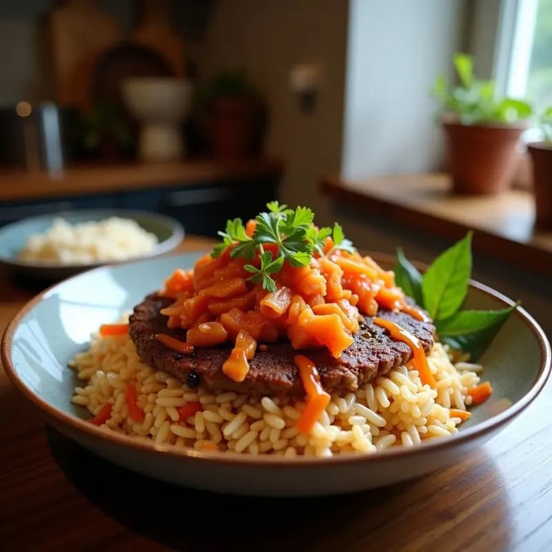 Cuenco hondo de cerámica negra con bibimbap de arroz salvaje oscuro, ternera en tiras doradas, kimchi rojo brillante, zanahoria naranja, calabacín verde y espinacas. Corona de huevo frito con yema líquida y semillas de sésamo espolvoreadas. Receta coreana low carb con toques de gochujang al lado.