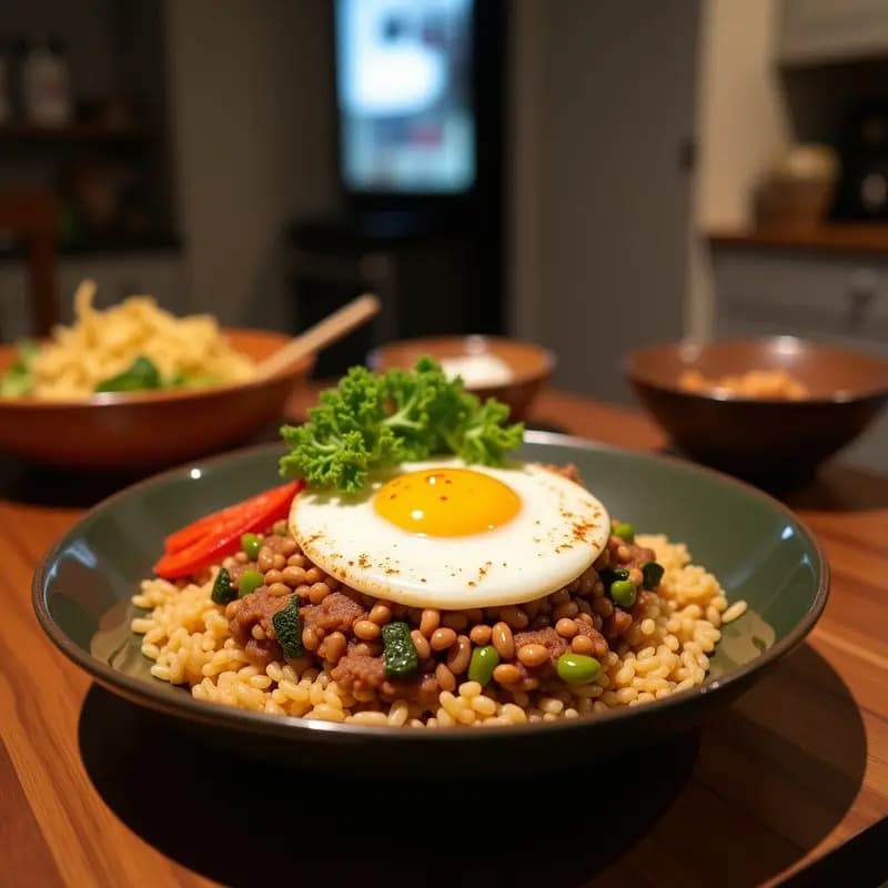 Bibimbap coreano en bol de cerámica negra con arroz salvaje oscuro, vegetales fermentados coloridos (kimchi y chucrut), zanahoria morada, espinacas, hongos shiitake dorados, huevos de codorniz fritos y semillas de sésamo negro. Receta sin gluten y probiótica.