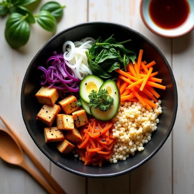 Bowl hondo de cerámica negra con bibimbap de bulghur como base, rodeado de vegetales fermentados en tonos morados y blancos, champiñones shiitake dorados, zanahoria rallada y espinacas. Decorado con semillas de sésamo, trozos de alga nori y un huevo escalfado en el centro. Salsa rojiza de gochujang servida aparte en un cuenco pequeño.