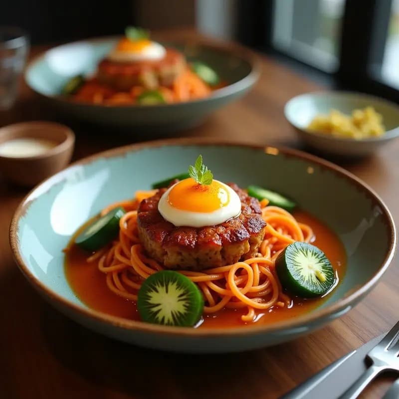 Bowl de cerámica negra con bibimbap coreano vegetariano: arroz jazmín blanco cubierto de calabaza asada dorada, espinacas verdes salteadas, zanahoria naranja en juliana, cebolla morada, huevo pochado y semillas de sésamo negro, acompañado de salsa gochujang roja en un cuenco aparte.