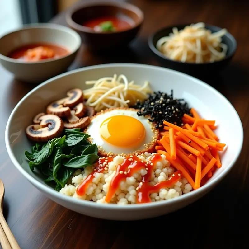 Bowl de Bibimbap de Coliflor Arroz y Vegetales con Gochujang: arroz de coliflor blanco, zanahoria naranja, espinacas verdes, champiñones dorados, huevo escalfado y salsa gochujang roja, decorado con semillas de sésamo y alga nori.