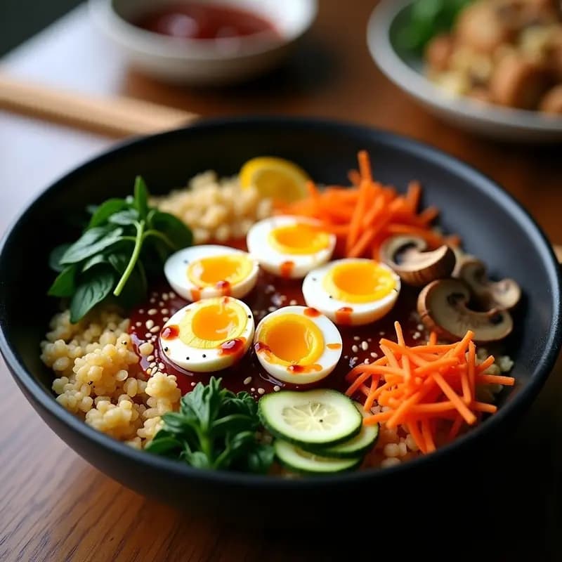 Bibimbap keto en bowl negro con base de arroz de coliflor dorado, secciones coloridas de espinacas verdes, zanahoria naranja, champiñones shiitake y brotes de soja, coronado con tres huevos de codorniz fritos sunny-side up y semillas de sésamo, acompañado de salsa gochujang cremosa en un recipiente aparte.