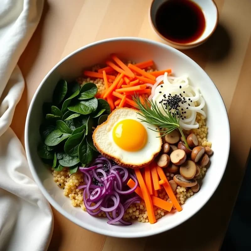 Bowl de cerámica blanca con Bibimbap de Coliflor y Kimchi Vegano Keto: base de arroz de coliflor, vegetales salteados en colores arcoíris (calabacín verde, zanahoria morada, champiñones shiitake), kimchi vegano de rábano daikon, huevo de lino dorado, chips de coliflor crujientes, algas nori y semillas de sésamo negro y girasol. Salsa gochujang vegana al lado en un recipiente pequeño.