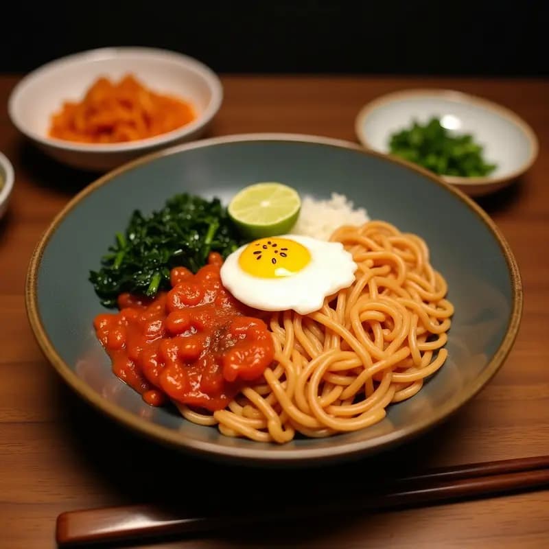 Bowl de bibimbap vegano bajo en carbohidratos con arroz de coliflor dorado, tofu glaseado, kimchi de rábano daikon, cebolla morada, zanahoria y espinacas. Decorado con semillas de sésamo y algas nori en copos.