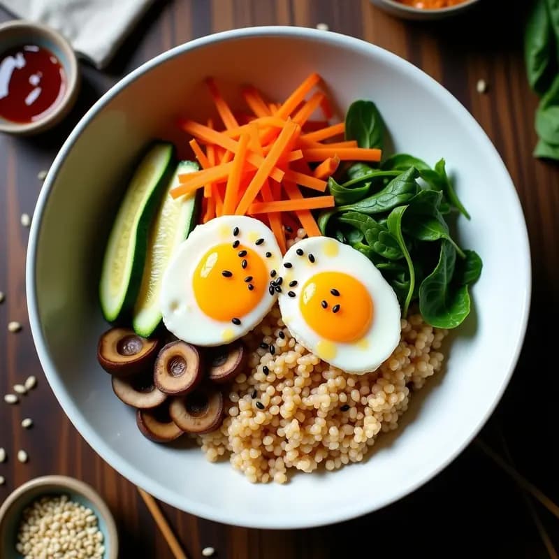 Bibimbap coreano low-carb en bowl de cerámica blanca, con base de coliflor molida dorada, vegetales coloridos (zanahoria, calabacín, espinacas y hongos shimeji) salteados, huevo escalfado con yema líquida en el centro, y salsa gochujang rociada por encima. Decorado con semillas de sésamo negro y blanco.