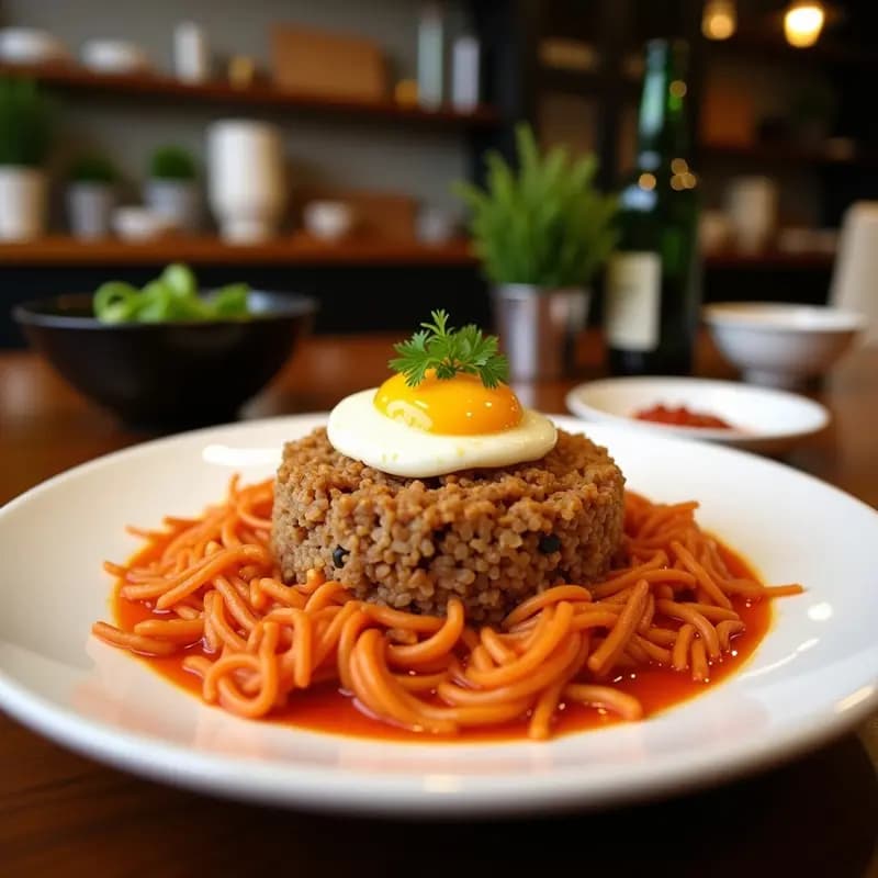 Bibimbap coreano vegano en bol hondo con arroz integral en el centro, rodeado de zanahoria, calabacín, espinacas, champiñones shiitake, tofu dorado y brotes de soja. Decorado con semillas de sésamo y salsa gochujang al lado.