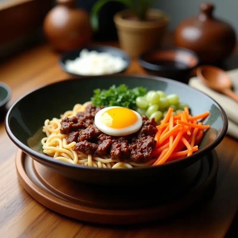 Bowl de piedra negro (dolsot) con bibimbap coreano tradicional: arroz blanco en la base, carne de res marinada en el centro, rodeada de zanahoria naranja, espinacas verdes, calabacín amarillo, champiñones shiitake dorados y cebolla morada. Corona un huevo frito con yema líquida y semillas de sésamo espolvoreadas. Salsa gochujang roja en un recipiente aparte.