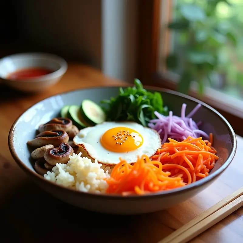 Bibimbap coreano con arroz de coliflor en bol hondo, vegetales coloridos en juliana (zanahoria, calabacín, espinacas, champiñones), huevo frito con yema líquida, semillas de sésamo y salsa gochujang al lado. Plato bajo en calorías y sin gluten.