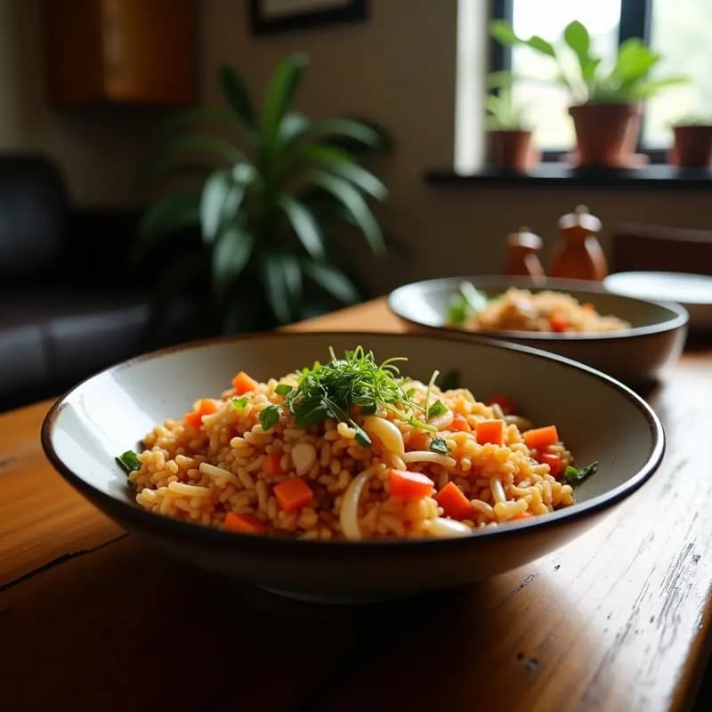 Bowl de bibimbap coreano con pollo marinado en salsa de pera, arroz basmati tostado, zanahoria y calabacín asados, espinacas baby, huevo frito con yema líquida y salsa gochujang espolvoreada con semillas de sésamo, servido en plato hondo blanco.