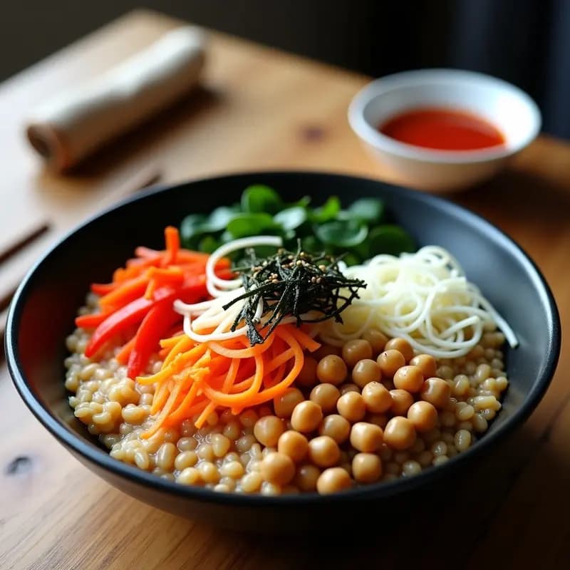 Bowl negro de cerámica con bibimbap de garbanzos triturados como base, cubierto de espinacas verdes, zanahoria naranja en juliana, pimiento rojo, brotes de soja y garbanzos enteros. Decorado con tiras de alga nori y semillas de sésamo, acompañado de salsa gochujang roja en un recipiente aparte. Plato colorido y alto en proteínas, receta coreana vegana.