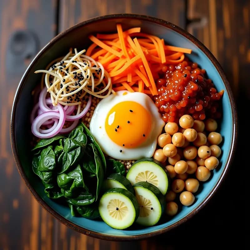 Bibimbap vegano en bol negro con garbanzos tostados dorados, zanahoria juliana, espinacas, kimchi de rábano, calabacín y cebolla morada. Decorado con salsa gochujang roja, semillas de sésamo y tiras de nori, receta coreana picante y alta en proteínas.