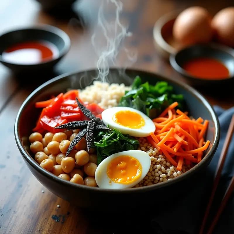Bibimbap Coreano de Garbanzos y Verduras: Receta Vegana y Alta en Fibra