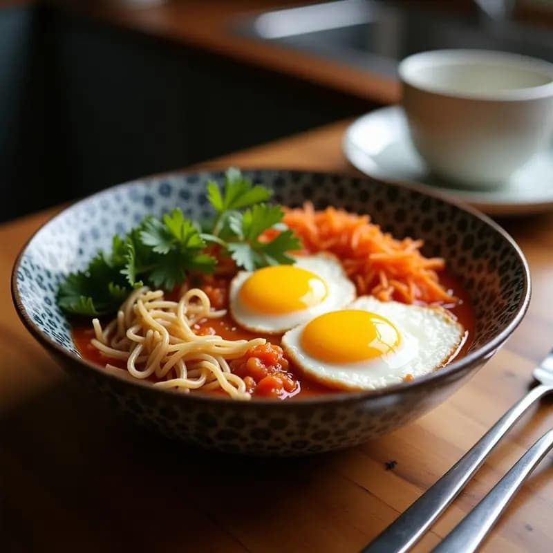Bowl de bibimbap coreano con arroz basmati, pollo salteado, espinacas, zanahoria, calabacín, champiñones shiitake, kimchi y huevos de codorniz fritos con yema líquida. Decorado con semillas de sésamo y salsa gochujang roja. Receta alta en proteína.