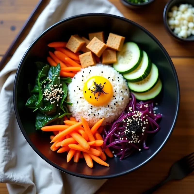 Bibimbap Coreano con Kimchi de Col Morada y Aderezo de Sésamo: Receta Vegana en 25 Minutos