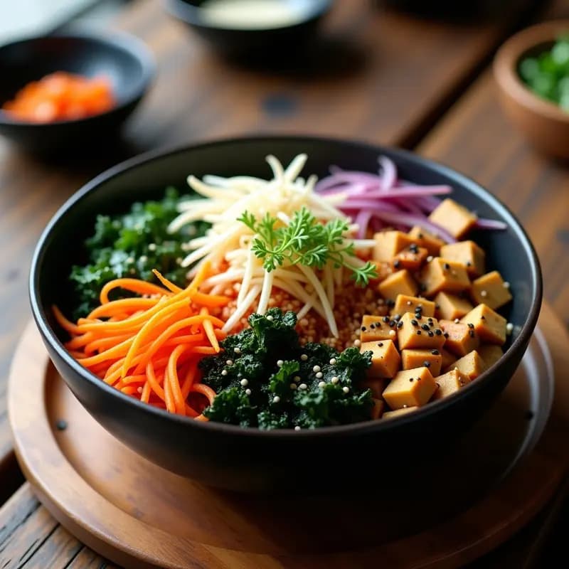 Bowl hondo de cerámica negra con Bibimbap Coreano de Kimchi de Col Rizada: arroz de mijo como base, kimchi fermentado de col rizada, tofu dorado, zanahoria juliana, calabacín, hongo shiitake y espinacas salteadas. Decorado con semillas de sésamo negro y pimiento rojo en tiras. Salsa gochujang sin gluten al lado.