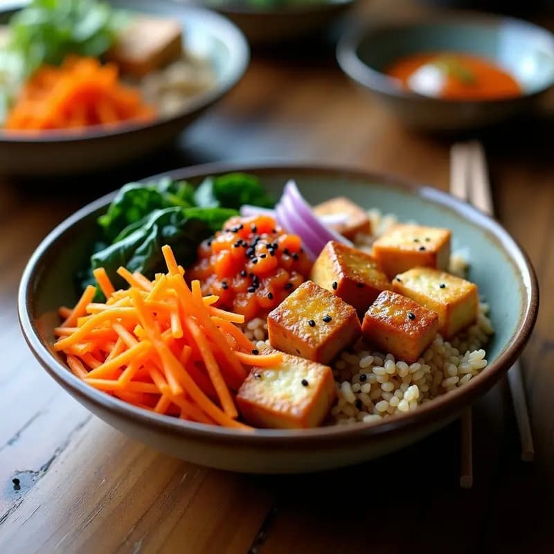 Bowl de bibimbap coreano con kimchi y tofu en olla lenta: arroz integral infusionado con vegetales coloridos, tofu dorado marinado en gochujang, kimchi picante y semillas de sésamo negro, servido en recipiente rústico de cerámica.
